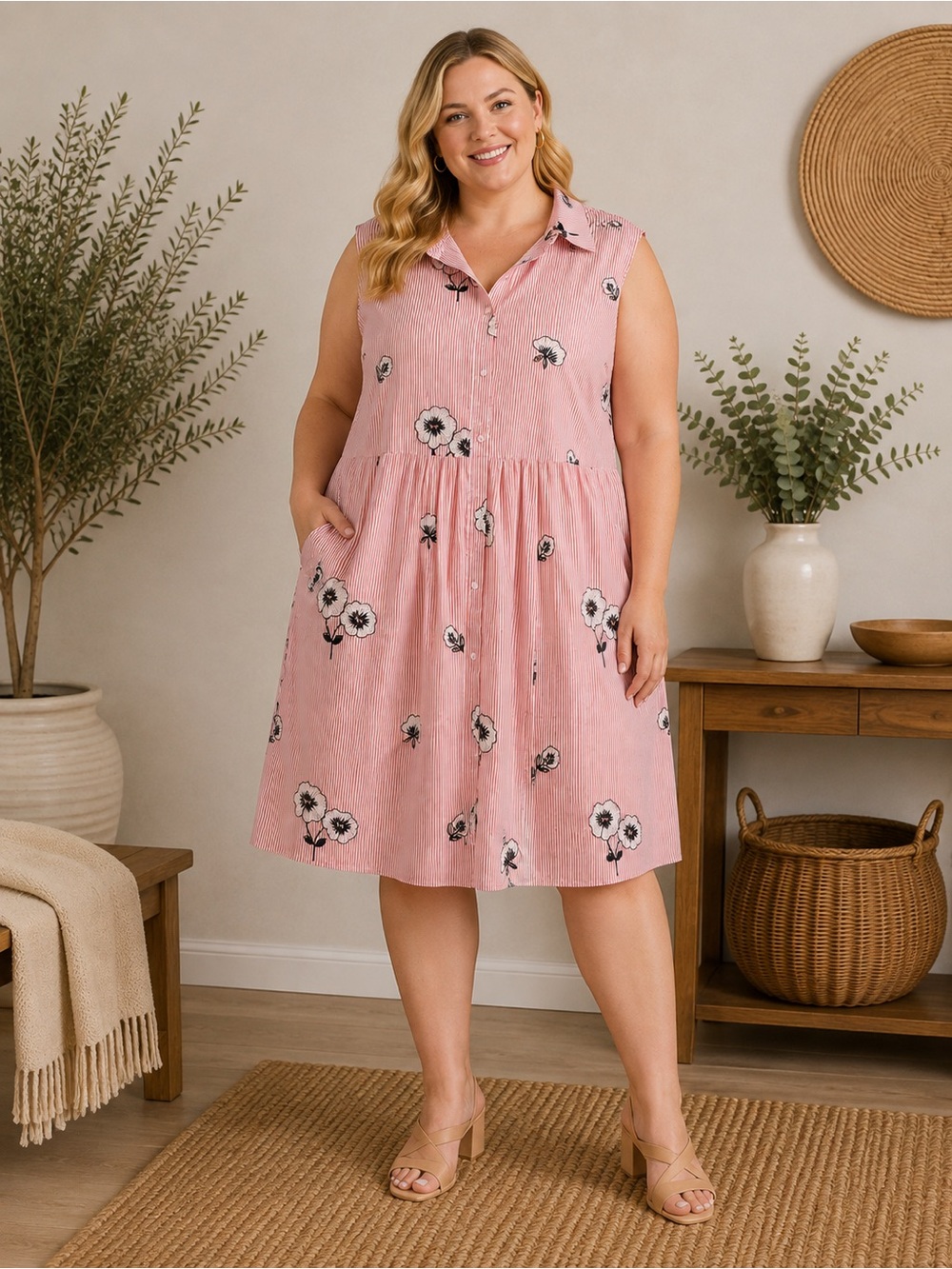 Molly and Isadora Floral Sleeveless Button-Front Dress 3X